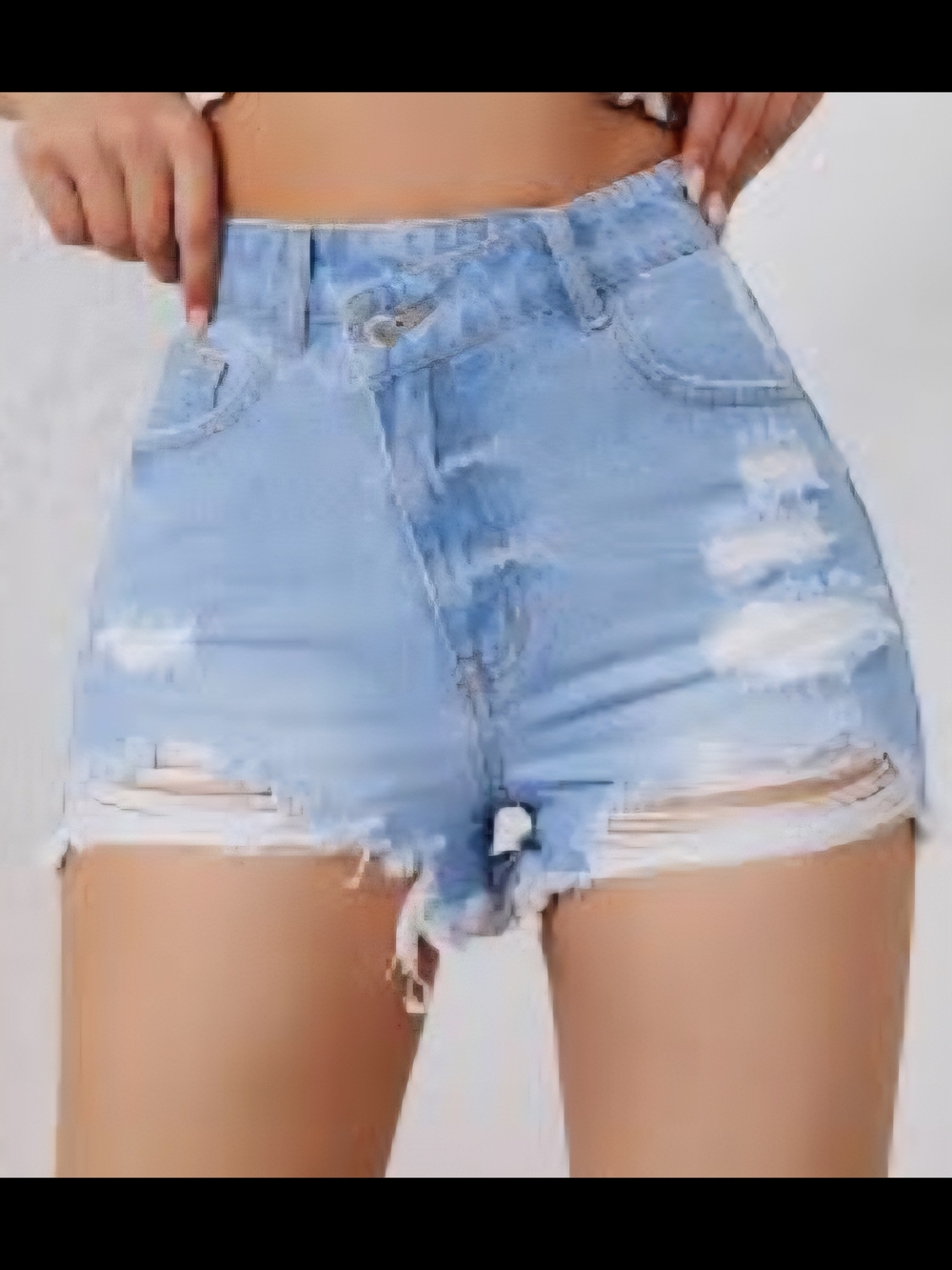 High-Rise Blue Distressed Denim Shorts With Crossover Waist